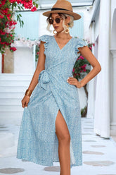 RUFFLED SHORT SLEEVE V NECK TIED WAIST WOMEN DRESS - Doublju