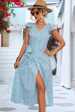 RUFFLED SHORT SLEEVE V NECK TIED WAIST WOMEN DRESS - Doublju