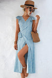 RUFFLED SHORT SLEEVE V NECK TIED WAIST WOMEN DRESS - Doublju