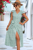 RUFFLED SHORT SLEEVE V NECK TIED WAIST WOMEN DRESS - Doublju