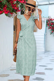 RUFFLED SHORT SLEEVE V NECK TIED WAIST WOMEN DRESS - Doublju