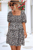OFF SHOULDER SQUARE NECK FLORAL TIERED DRESS - Doublju