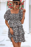 OFF SHOULDER SQUARE NECK FLORAL TIERED DRESS - Doublju