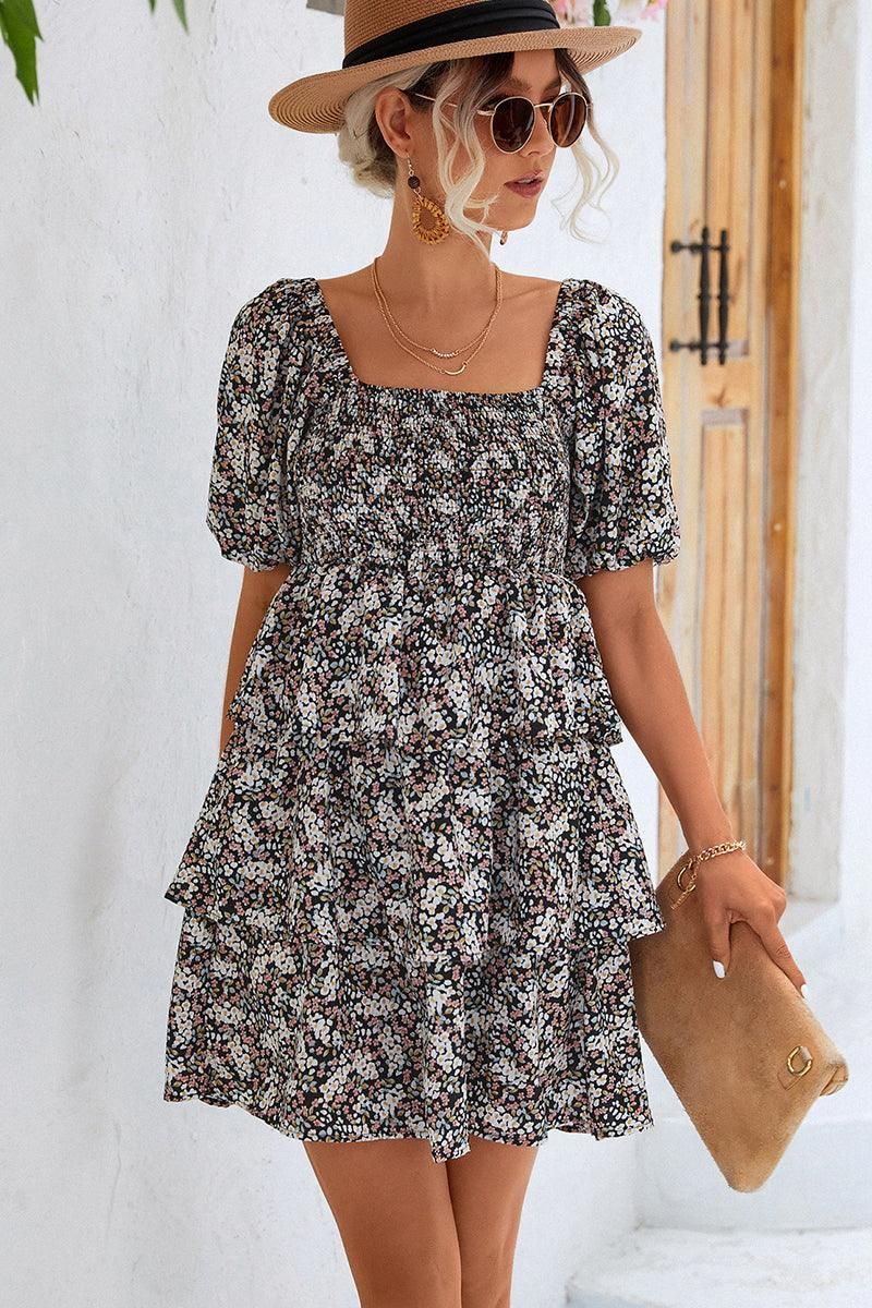 OFF SHOULDER SQUARE NECK FLORAL TIERED DRESS - Doublju