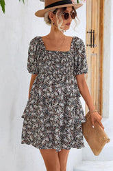 OFF SHOULDER SQUARE NECK FLORAL TIERED DRESS - Doublju