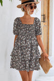 OFF SHOULDER SQUARE NECK FLORAL TIERED DRESS - Doublju