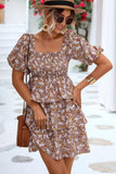 OFF SHOULDER SQUARE NECK FLORAL TIERED DRESS - Doublju