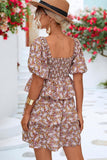 OFF SHOULDER SQUARE NECK FLORAL TIERED DRESS - Doublju