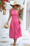 HALF OFF SHOULDER SLIM WAIST MIDI DRESS - Doublju