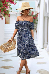PATTERNED OFF SHOULDER PUFF SLEEVE DRESS - Doublju