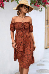 PATTERNED OFF SHOULDER PUFF SLEEVE DRESS - Doublju