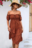 PATTERNED OFF SHOULDER PUFF SLEEVE DRESS - Doublju