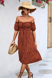 PATTERNED OFF SHOULDER PUFF SLEEVE DRESS - Doublju