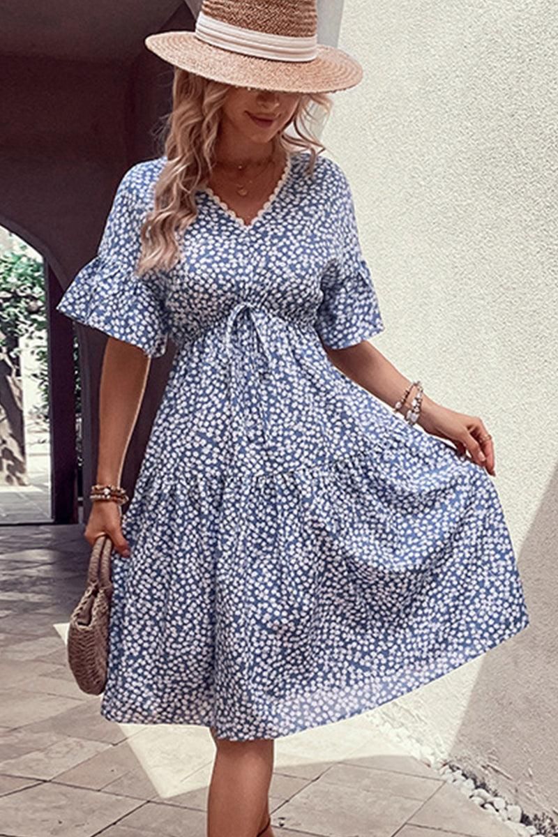 LACE TRIM V NECK EMPIRE WAIST FLORAL DRESS - Doublju