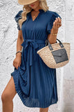 WOMEN RUFFLED HIGH NECK PLEATED KNEE LENGTH DRESS - Doublju