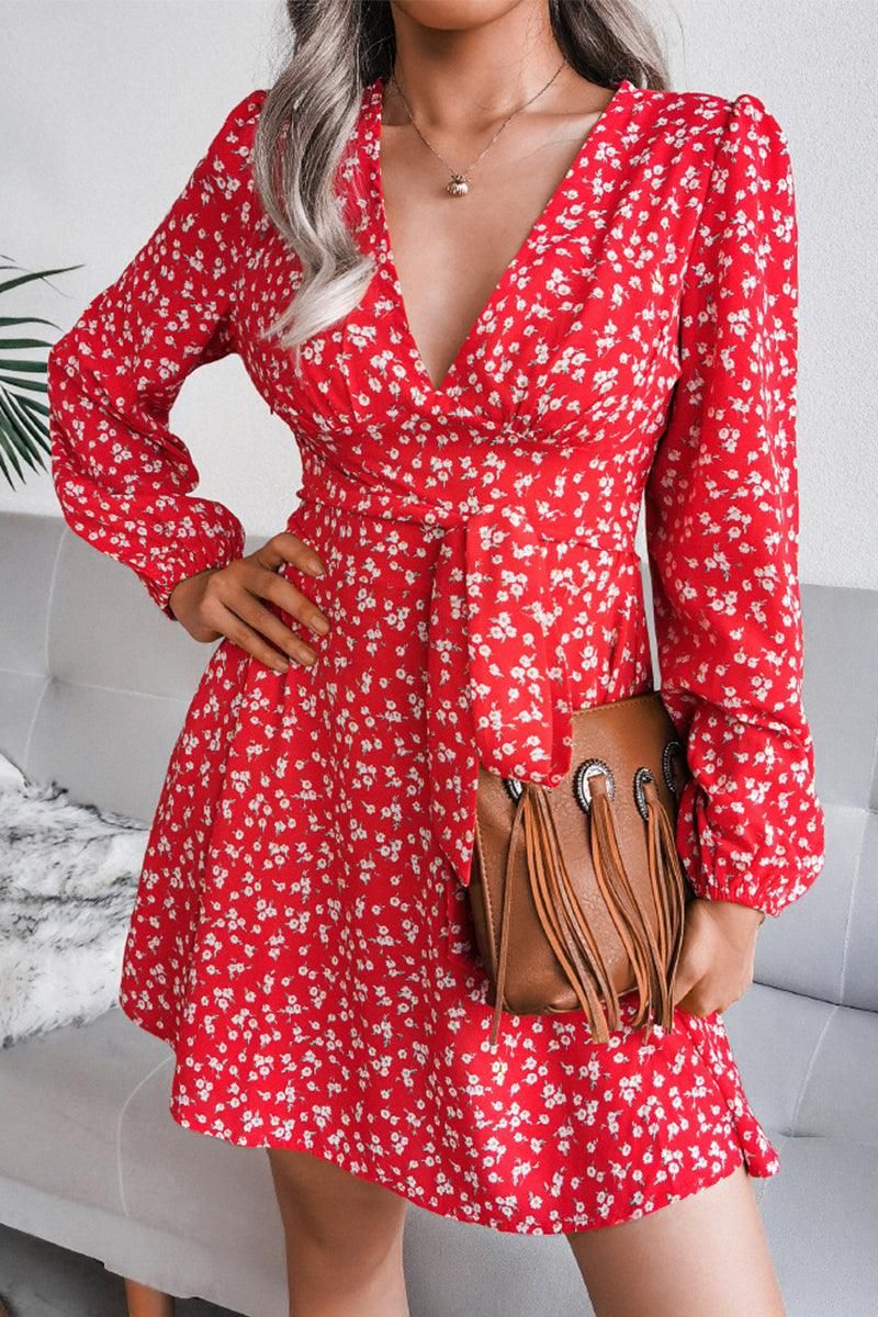 V NECK LONG SLEEVE FLORAL CHIFFON DRESS - Doublju