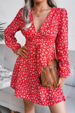 V NECK LONG SLEEVE FLORAL CHIFFON DRESS - Doublju