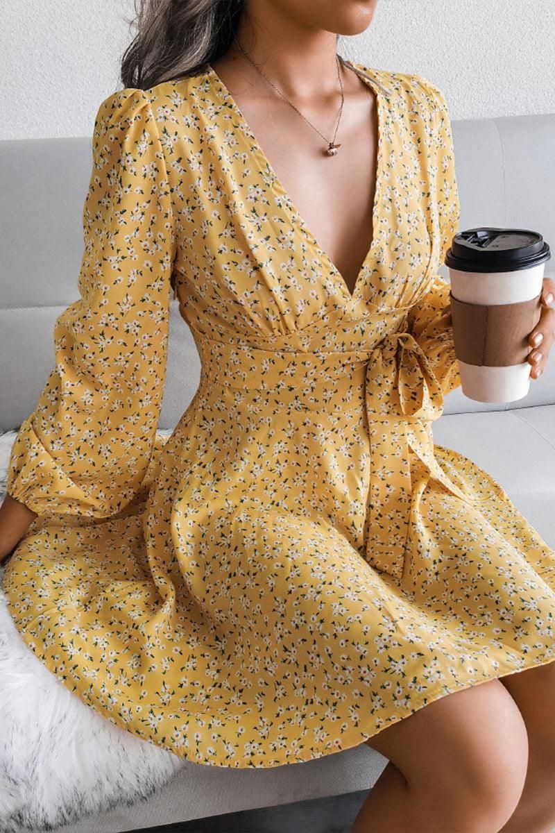 V NECK LONG SLEEVE FLORAL CHIFFON DRESS - Doublju