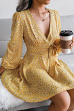 V NECK LONG SLEEVE FLORAL CHIFFON DRESS - Doublju