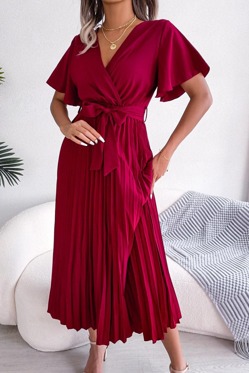 WOMEN CAPE SLEEVE TIED WAIST PLEATED LONG DRESS - Doublju