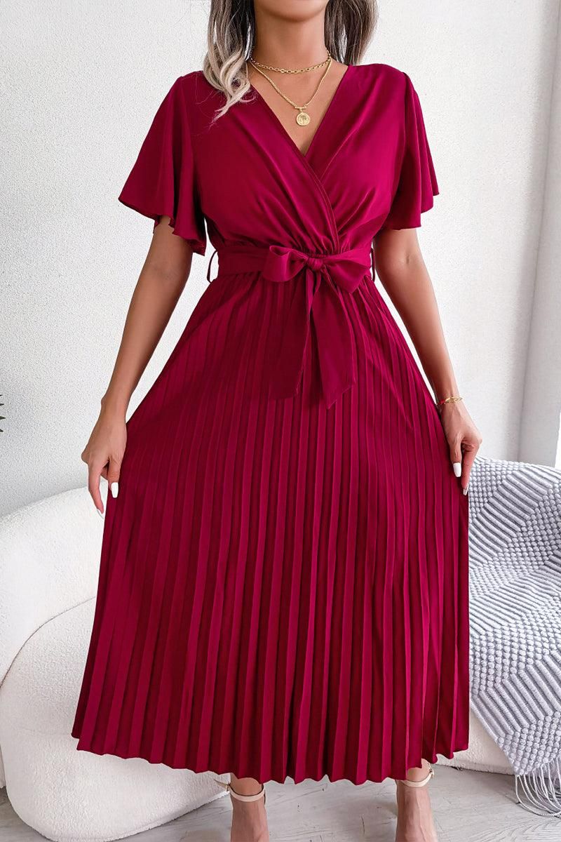 WOMEN CAPE SLEEVE TIED WAIST PLEATED LONG DRESS - Doublju