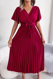 WOMEN CAPE SLEEVE TIED WAIST PLEATED LONG DRESS - Doublju
