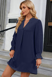 WOMEN FRILLED LONG SLEEVE V NECK SOLID DRESS - Doublju