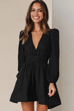 WOMEN SEXY DEEP V NECK LONG SLEEVE MINI DRESS