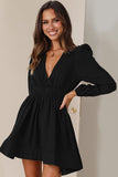 WOMEN SEXY DEEP V NECK LONG SLEEVE MINI DRESS