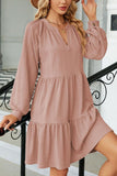 WOMEN V NECK RUFFLED CAKE LONG SLEEVE DRESS