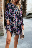 WOMEN SMOCKED NECK FLORAL LONG SLEEVE MINI DRESS