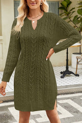 LONG SLEEVE V NECK TWO SIDE SLIT SWEATER DRESS