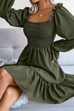 WOMEN SMOCKED FRILL SLEEVE LOOSE FIT RUFFLE DRESS