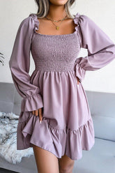 WOMEN SMOCKED FRILL SLEEVE LOOSE FIT RUFFLE DRESS
