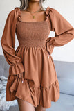 WOMEN SMOCKED FRILL SLEEVE LOOSE FIT RUFFLE DRESS