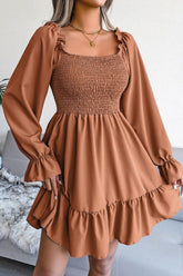 WOMEN SMOCKED FRILL SLEEVE LOOSE FIT RUFFLE DRESS