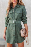 WOMEN BUTTON DOWN CORDUROY BELTED SHORT DRESS