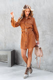 WOMEN BUTTON DOWN CORDUROY BELTED SHORT DRESS