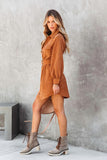 WOMEN BUTTON DOWN CORDUROY BELTED SHORT DRESS
