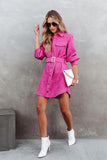 WOMEN BUTTON DOWN CORDUROY BELTED SHORT DRESS