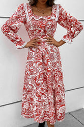 WOMEN LACE TRIM SQUARE NECK PATTERNED LONG DRESS