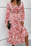 WOMEN LACE TRIM SQUARE NECK PATTERNED LONG DRESS
