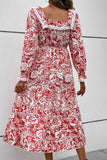WOMEN LACE TRIM SQUARE NECK PATTERNED LONG DRESS