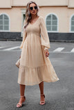 WOMEN LACE HEM V NECK HIGH WAIST SWING DRESS