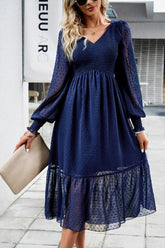 WOMEN LACE HEM V NECK HIGH WAIST SWING DRESS