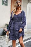 WOMEN LONG SLEEVE RUFFLE TIRED FLORAL FLOWY DRESS
