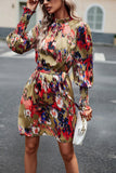 WOMEN SHIRRED HIGH NECK BELTED PRINTING DRESS