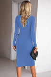 WOMEN SEXY DEEP ROUND NECK LONG SLEEVE MID DRESS