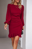 WOMEN LONG SLEEVE CREW NECK SHORT WRAP DRESS