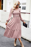 WOMEN SMOCKED LONG SLEEVE TIERED CAKE FLOWY DRESS